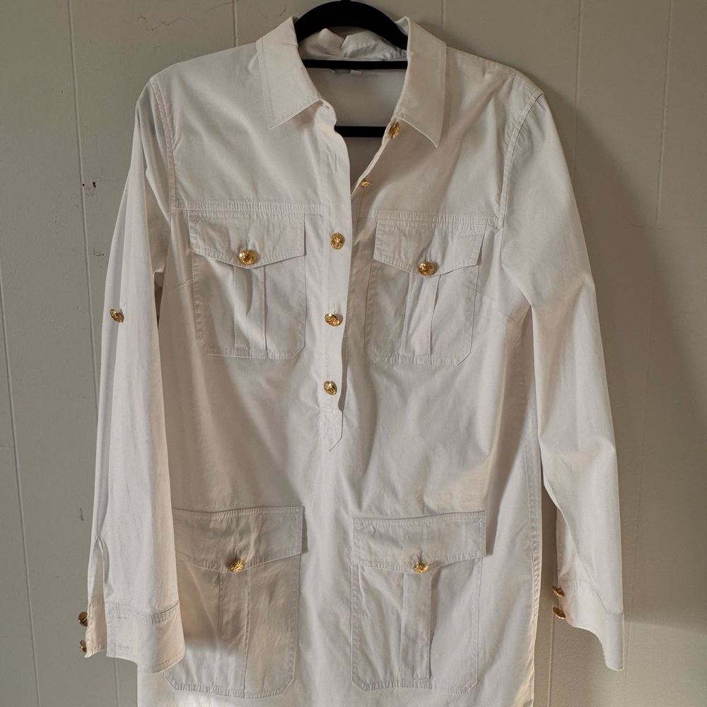 Veronica Beard White Long Sleeve Dress with Gold Buttons